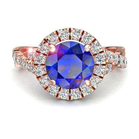 Anello di fidanzamento zaffiro tondo e diamanti tondi 2.60 carati oro rosa Ameglia