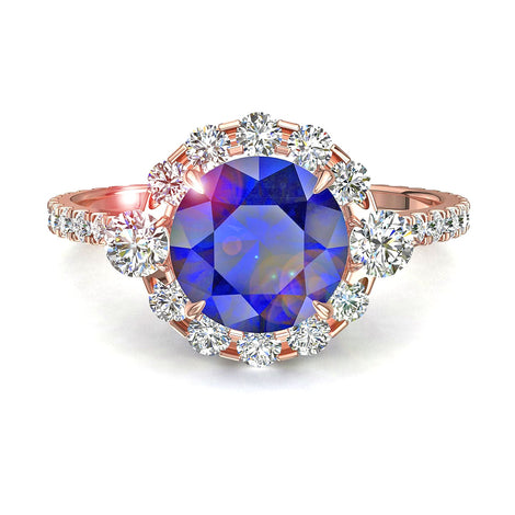 Anello di fidanzamento Alexandrina in oro rosa con zaffiro tondo e diamanti tondi carati 2.70