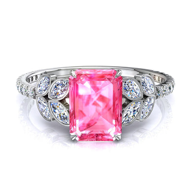Anello solitario con zaffiro rosa da 1.00 carati, smeraldo, diamante marquise e diamante rotondo Angela A / SI / Platino