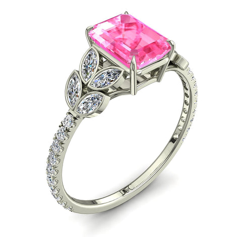 Anello di fidanzamento Angela in oro bianco 1.00 carati zaffiro rosa smeraldo e diamanti marquise