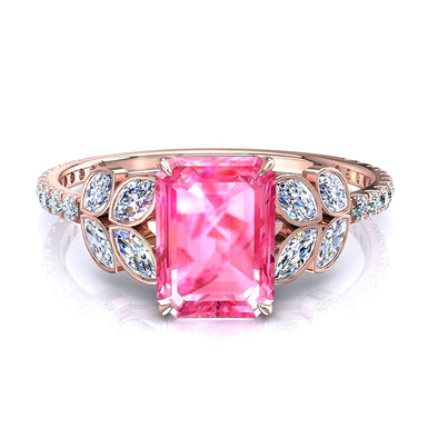 Bague solitaire 1.00 carat saphir rose Émeraude et diamants marquises et diamants ronds Angela A / SI / Or Rose 18 carats