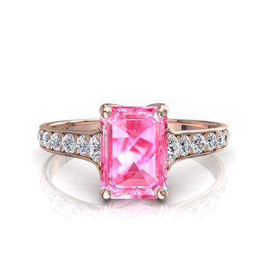 Anello zaffiro rosa smeraldo e diamanti tondi 0.50 carati Cindirella A / SI / Oro rosa 18 carati