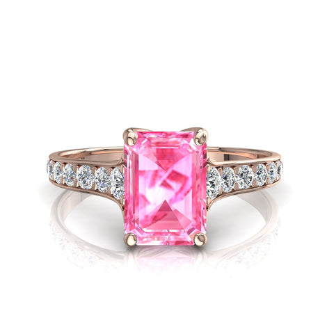 Anello con smeraldo zaffiro rosa e diamanti tondi Cindirella in oro rosa 0.50 carati