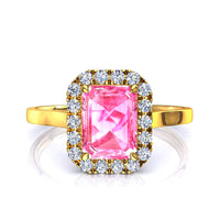 Anello con zaffiro rosa smeraldo e diamanti tondi Capri in oro giallo 0.60 carati