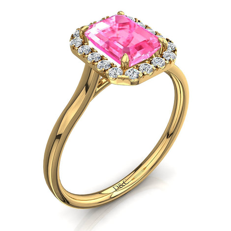 Bague de fiançailles saphir rose Émeraude et diamants ronds 0.60 carat or jaune Capri