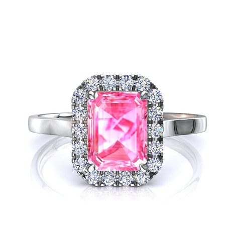 Solitario Smeraldo zaffiro rosa e diamanti tondi Capri in oro bianco 0.90 carati