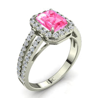 Anello di fidanzamento smeraldo zaffiro rosa e diamanti tondi 1.10 carati oro bianco Genova