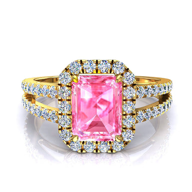 Anello zaffiro rosa smeraldo e diamanti tondi 1.10 carati Genova A / SI / Oro giallo 18k