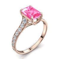 Anello di fidanzamento smeraldo zaffiro rosa e diamanti tondi Cindirella in oro rosa 1.30 carati