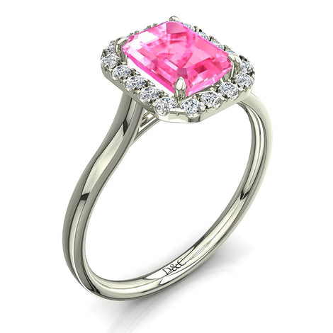 Solitario Smeraldo zaffiro rosa e diamanti tondi Capri in oro bianco 1.40 carati