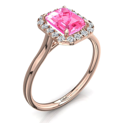 Bague de fiançailles saphir rose Émeraude et diamants ronds 1.40 carat or rose Capri