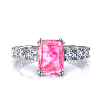 Solitario zaffiro rosa Smeraldo e diamanti rotondi 1.50 carati Valentina A/SI/Platino