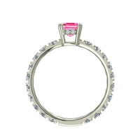 Anello con zaffiro rosa smeraldo e diamanti tondi Valentina in oro bianco 1.50 carati