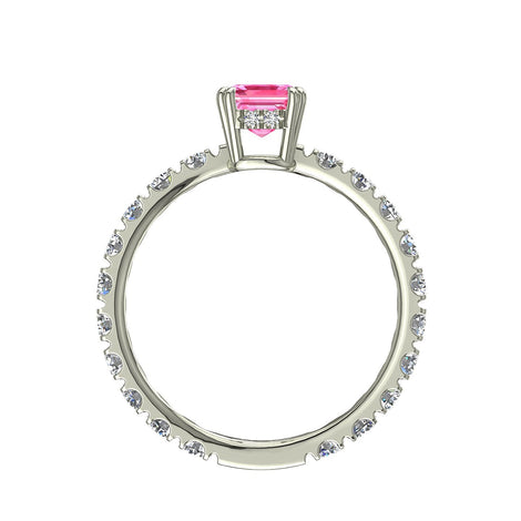 Anello con zaffiro rosa smeraldo e diamanti tondi Valentina in oro bianco 1.50 carati