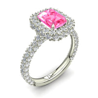 Solitario zaffiro rosa smeraldo e diamanti tondi Viviane in oro bianco 1.50 carati