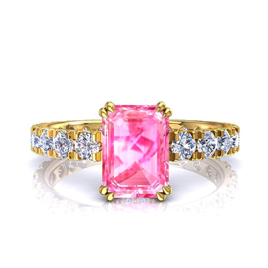 Solitaire saphir rose Émeraude et diamants ronds 1.50 carat Valentina A / SI / Or Jaune 18 carats
