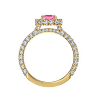 Anello solitario zaffiro rosa smeraldo e diamanti tondi Viviane in oro giallo 1.50 carati