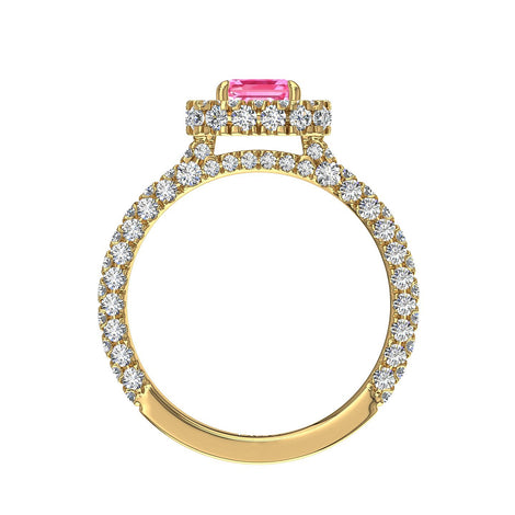 Anello solitario zaffiro rosa smeraldo e diamanti tondi Viviane in oro giallo 1.50 carati
