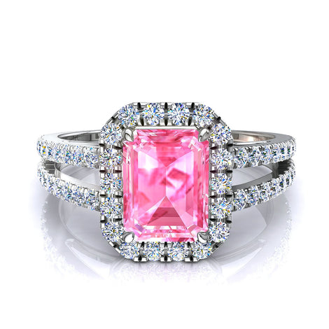 Anello di fidanzamento smeraldo zaffiro rosa e diamanti tondi 1.60 carati oro bianco Genova