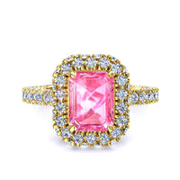 Anello solitario zaffiro rosa smeraldo e diamanti tondi Viviane in oro giallo 1.70 carati