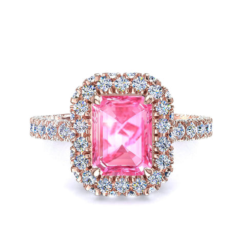 Solitario zaffiro rosa smeraldo e diamanti tondi Viviane oro rosa 1.70 carati