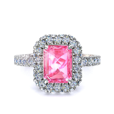 Solitario zaffiro rosa smeraldo e diamanti tondi Viviane in oro bianco 2.00 carati