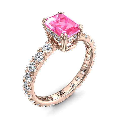 Solitario zaffiro rosa smeraldo e diamanti tondi Valentina oro rosa 2.20 carati