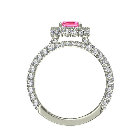 Anello Viviane Emerald con zaffiro rosa e diamanti tondi oro bianco 2.50 carati