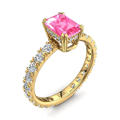 Solitaire saphir rose Émeraude et diamants ronds 2.50 carats or jaune Valentina