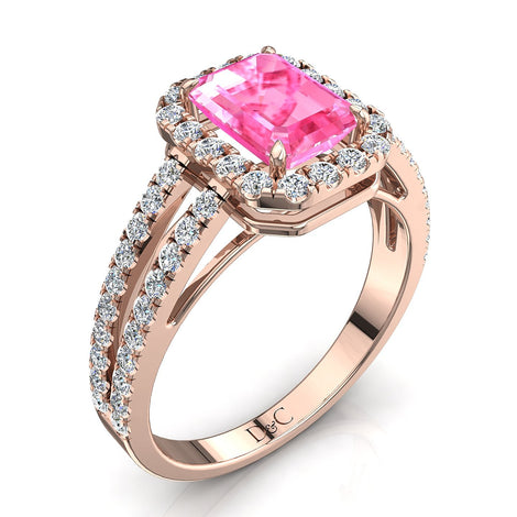 Anello di fidanzamento smeraldo zaffiro rosa e diamanti tondi 2.60 carati oro rosa Genova