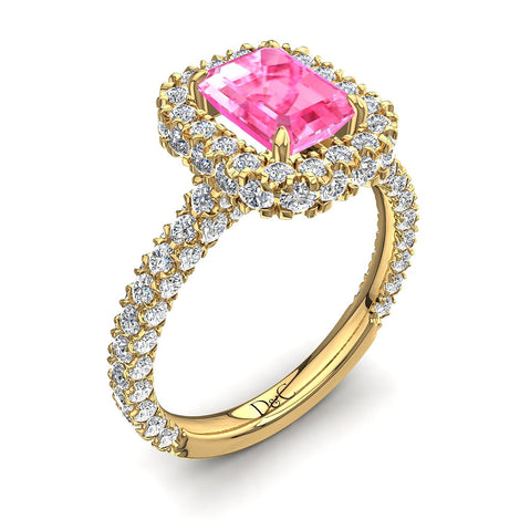 Anello solitario zaffiro rosa smeraldo e diamanti tondi Viviane oro giallo carati 3.00