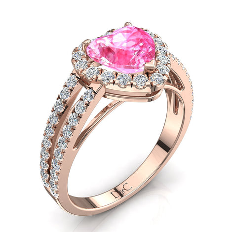 Solitario cuore zaffiro rosa e diamanti tondi Genova oro rosa 1.10 carati