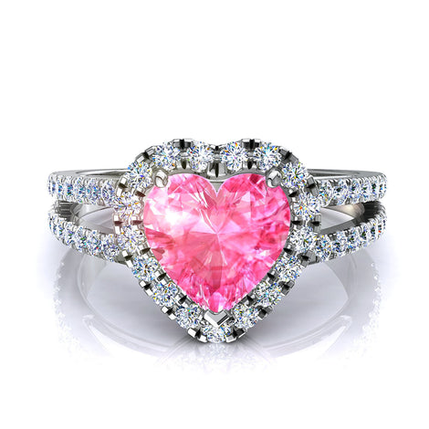 Anello di fidanzamento cuore zaffiro rosa e diamanti tondi Genova oro giallo 1.30 carati