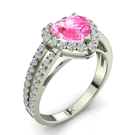 Solitario cuore zaffiro rosa e diamanti tondi Genova oro bianco 1.80 carati