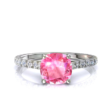 Solitario cojín zafiro rosa y diamantes redondos 0.60 kilates Jenny A/SI/Oro Blanco 18 quilates