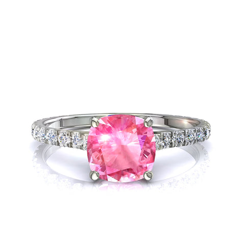 Solitario cuscino zaffiro rosa e diamanti tondi Jenny in oro bianco 0.60 carati