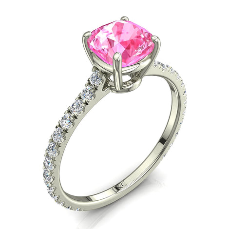 Anello di fidanzamento cuscino zaffiro rosa e diamanti tondi 0.80 carati oro bianco Jenny