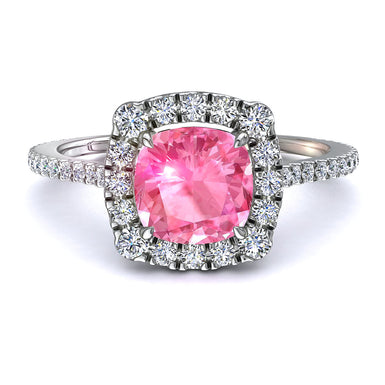 Anillo de compromiso de diamante redondo y zafiro rosa cojín Alida de 0.90 quilates A/SI/oro blanco de 18 k