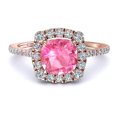 Alida Almofada de 0.90 quilates, safira rosa e anel de noivado com diamante redondo A / SI / ouro rosa 18k