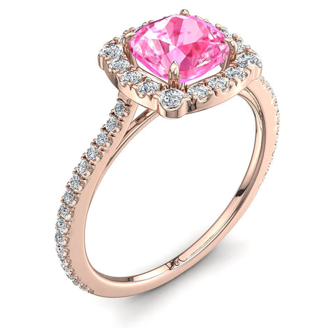 Solitario cuscino in zaffiro rosa e diamanti tondi Alida in oro rosa 0.90 carati