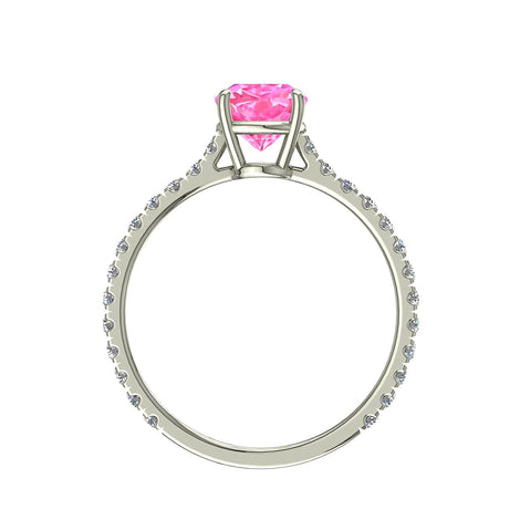 Anello di fidanzamento cuscino zaffiro rosa e diamanti tondi 1.30 carati oro bianco Jenny