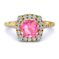 Solitario a cuscino zaffiro rosa e diamanti tondi Alida in oro giallo 1.30 carati