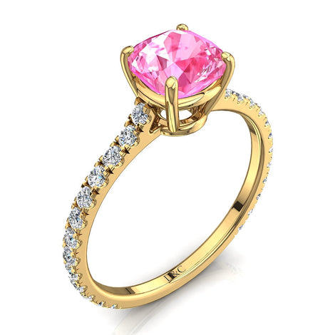 Anello di fidanzamento cuscino zaffiro rosa e diamanti tondi 1.30 carati oro giallo Jenny