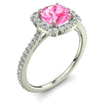 Solitario a cuscino zaffiro rosa e diamanti tondi Alida in oro bianco 1.60 carati