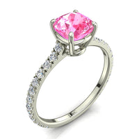 Anello di fidanzamento cuscino zaffiro rosa e diamanti tondi 1.80 carati oro bianco Jenny