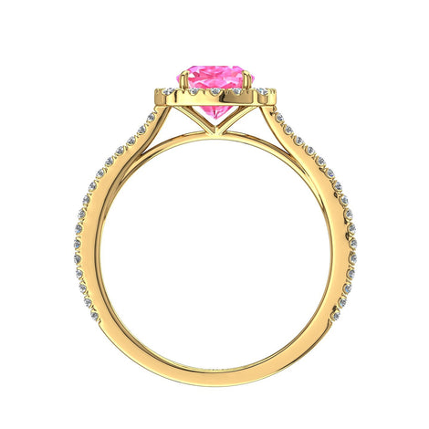 Anello con zaffiro rosa cushion e diamanti tondi Alida in oro giallo 2.60 carati