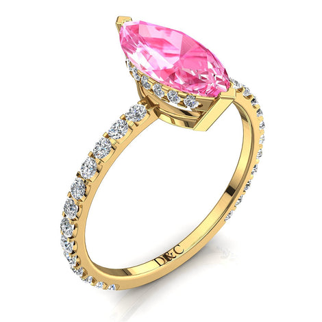 Anello con zaffiro rosa marquise e diamanti tondi San Valentino in oro giallo 1.20 carati