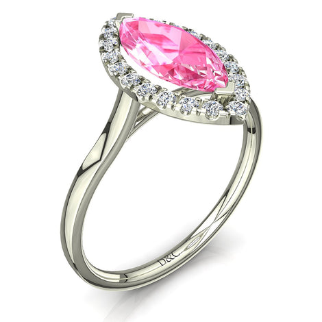 Anello di fidanzamento con zaffiro rosa marquise e diamanti tondi Capri in oro bianco 1.40 carati