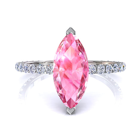 Solitario con zaffiro rosa marquise e diamanti tondi San Valentino in oro bianco 1.70 carati