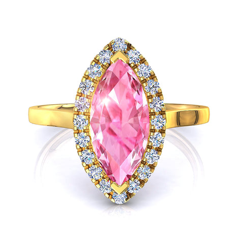 Anello in oro giallo 2.20 carati con zaffiro rosa marquise di Capri e diamanti tondi